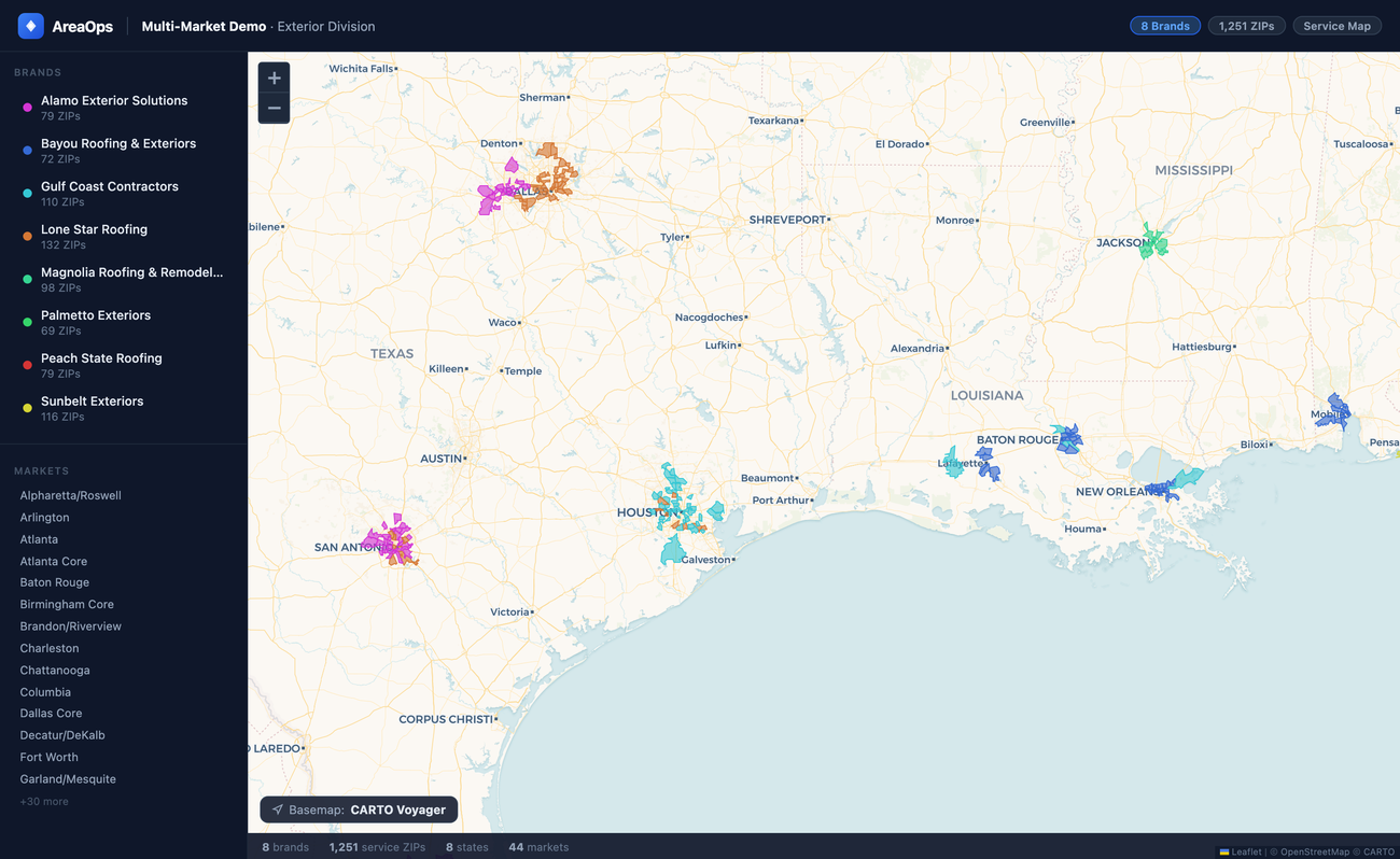 AreaOps ZIP-score coverage map showing service territories