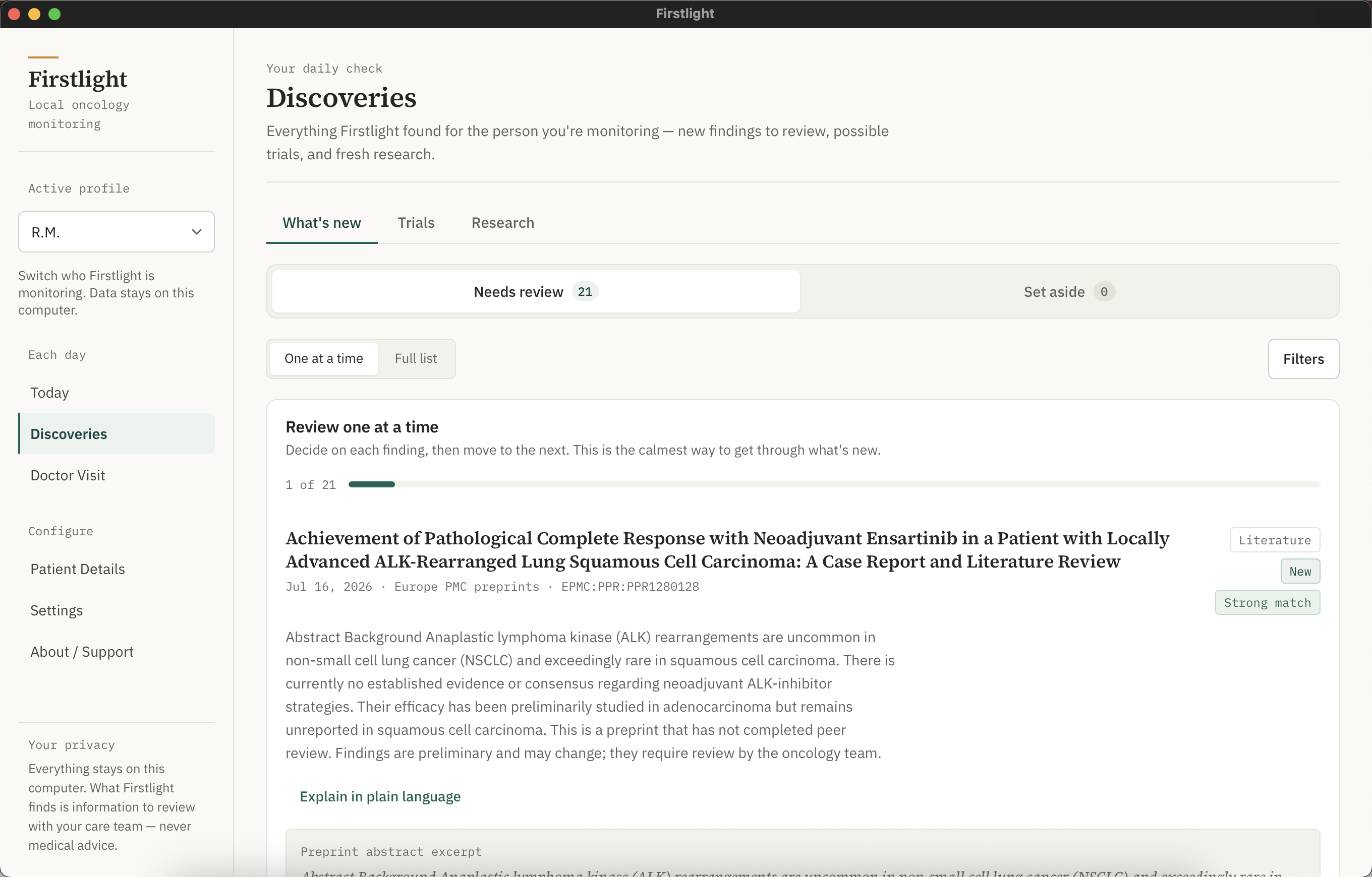 Firstlight desktop app — Discoveries view with research findings matched against a patient profile