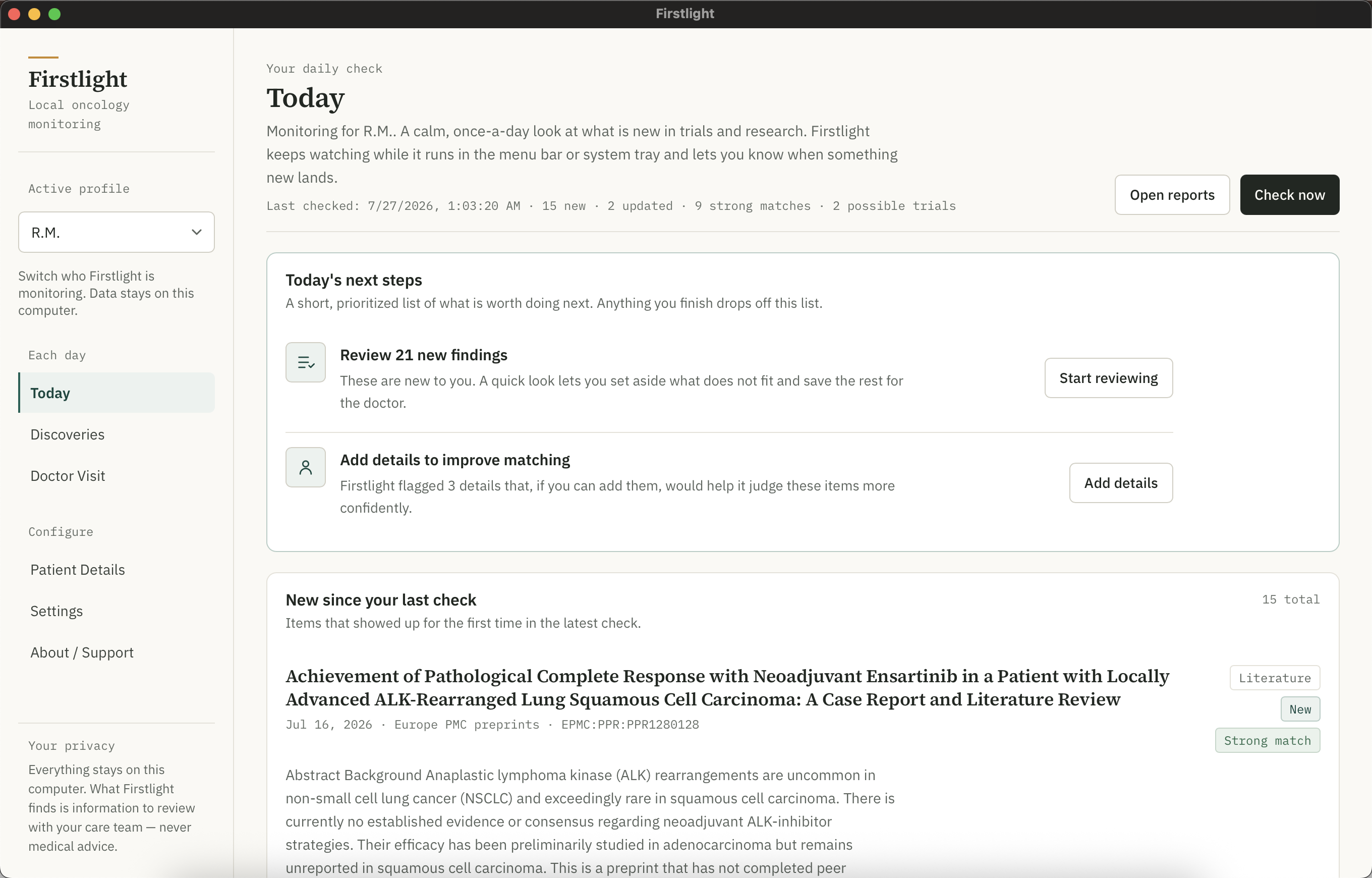 Firstlight desktop app — Today view with active monitoring and suggested next steps